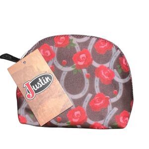 Justin Boots Horseshoe & Roses Western Dome Cosmetic Bag Brown Travel NEW